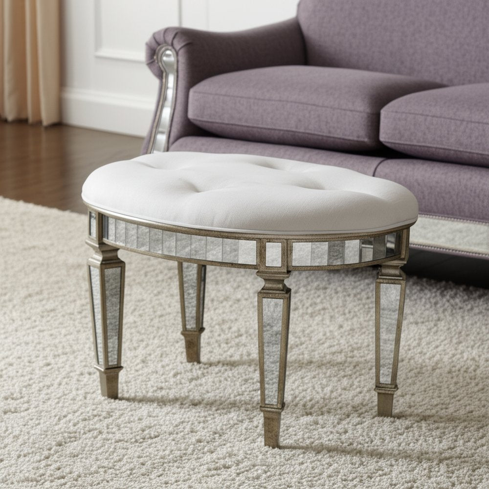24" Cream Linen And Silver Metallic Round Ottoman HomeRoots