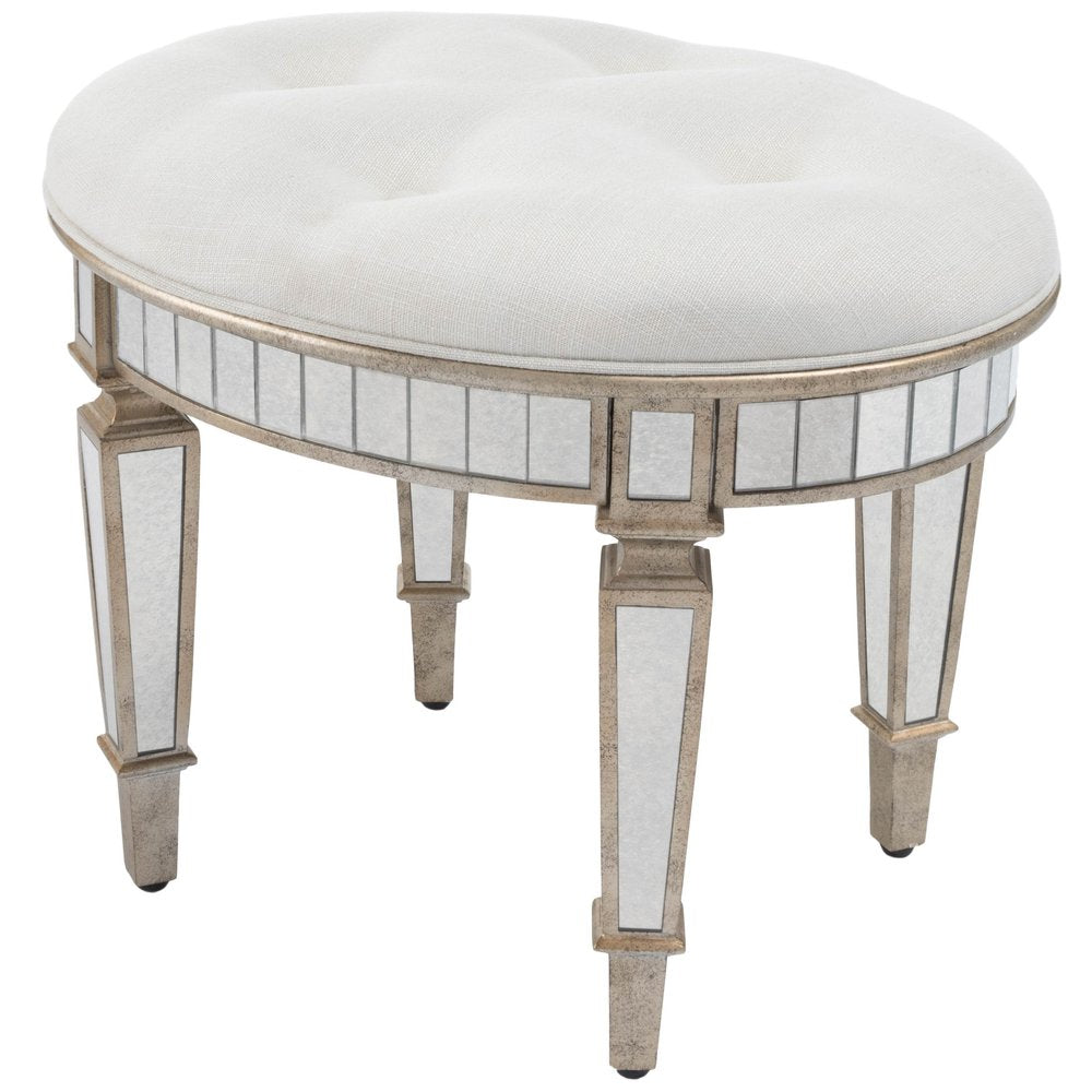 24" Cream Linen And Silver Metallic Round Ottoman HomeRoots