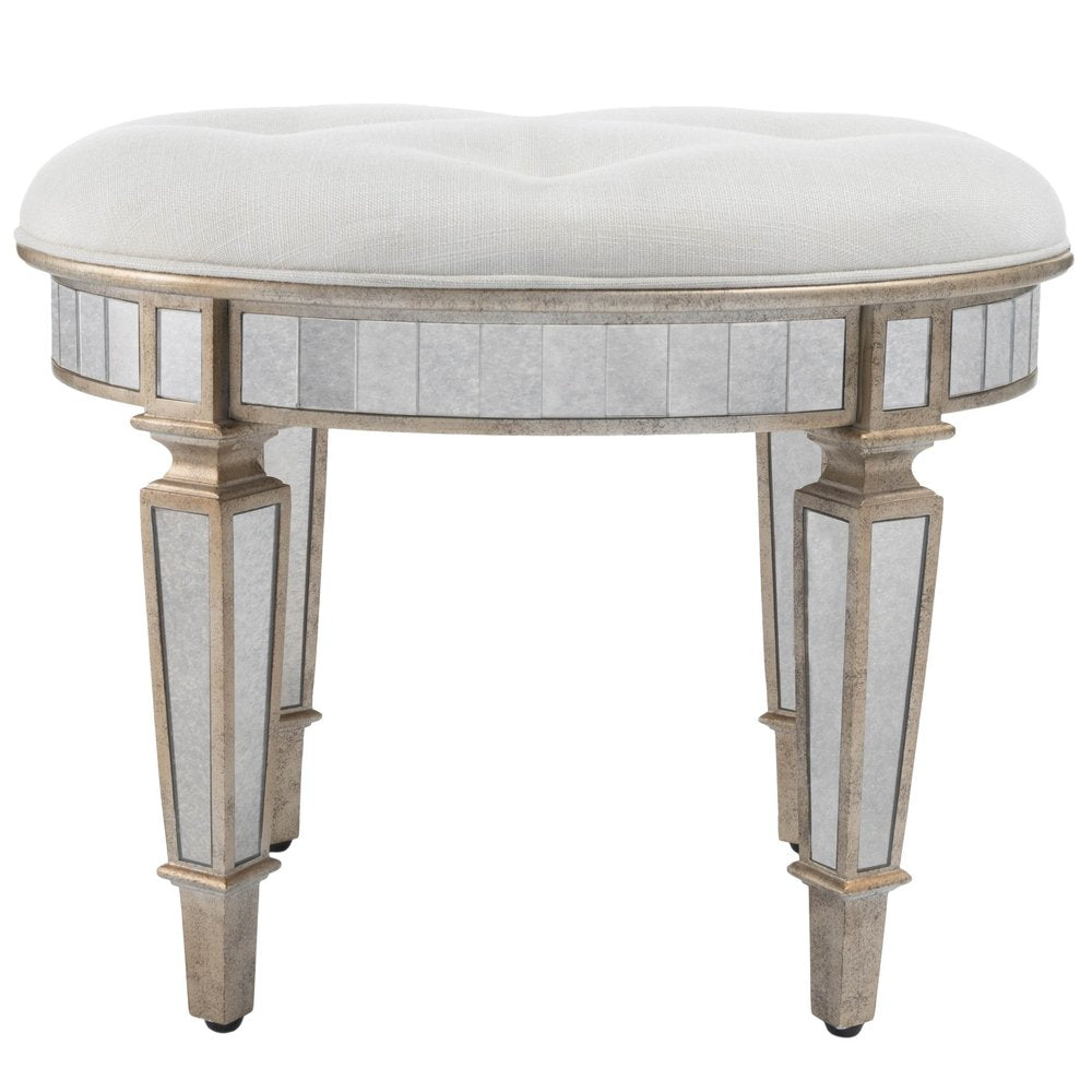 24" Cream Linen And Silver Metallic Round Ottoman HomeRoots