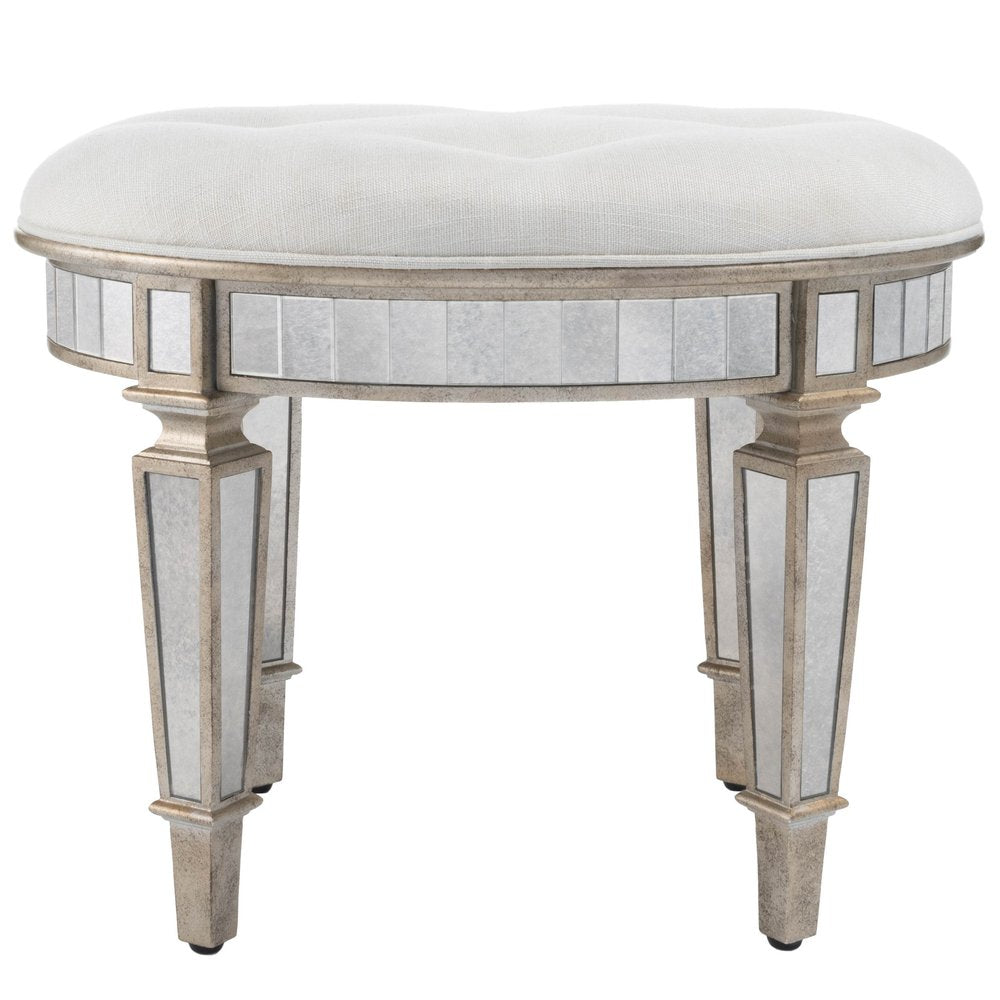 24" Cream Linen And Silver Metallic Round Ottoman HomeRoots