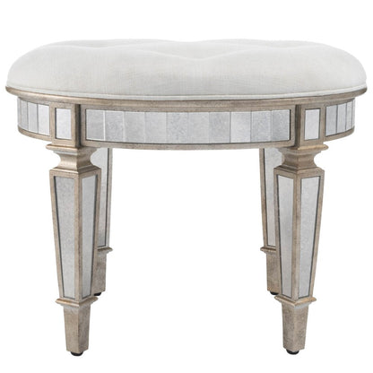 24" Cream Linen And Silver Metallic Round Ottoman HomeRoots