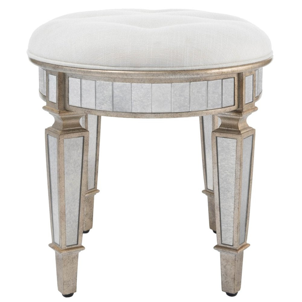 24" Cream Linen And Silver Metallic Round Ottoman HomeRoots