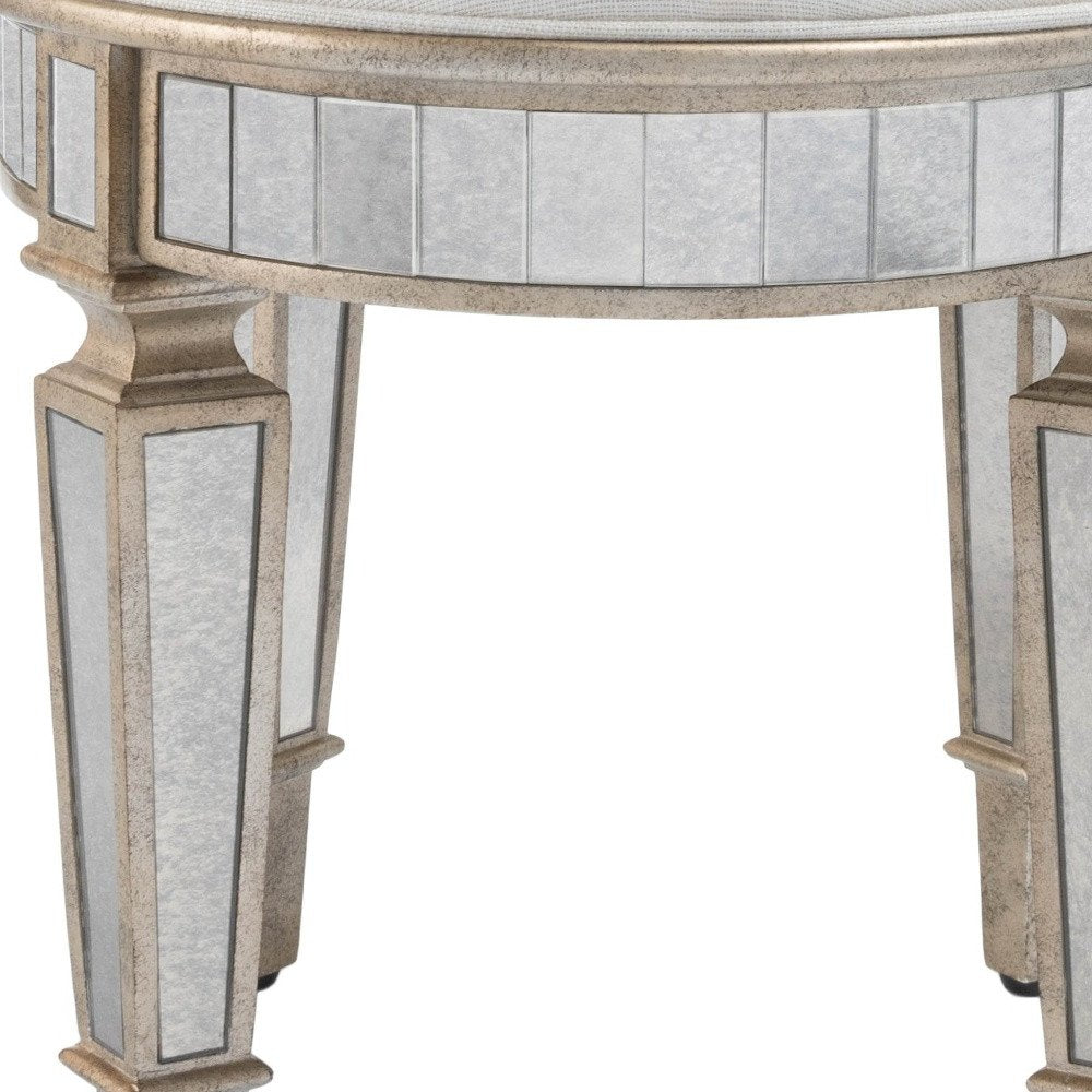 24" Cream Linen And Silver Metallic Round Ottoman HomeRoots