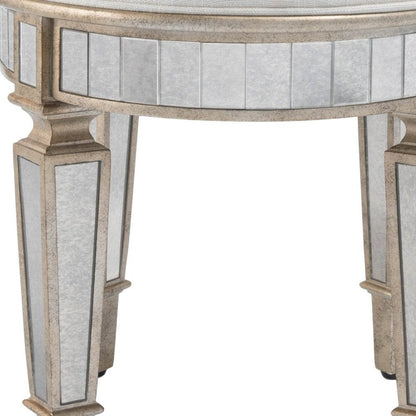 24" Cream Linen And Silver Metallic Round Ottoman HomeRoots