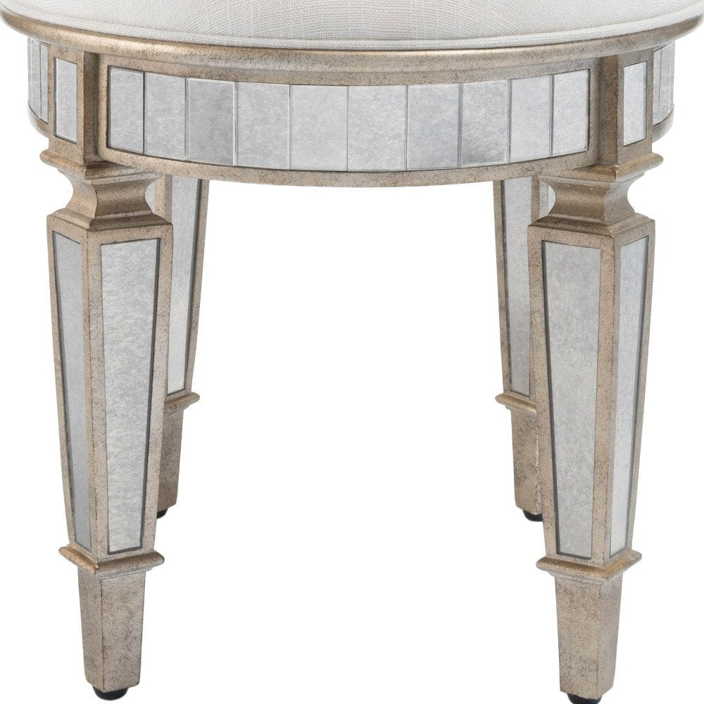 24" Cream Linen And Silver Metallic Round Ottoman HomeRoots