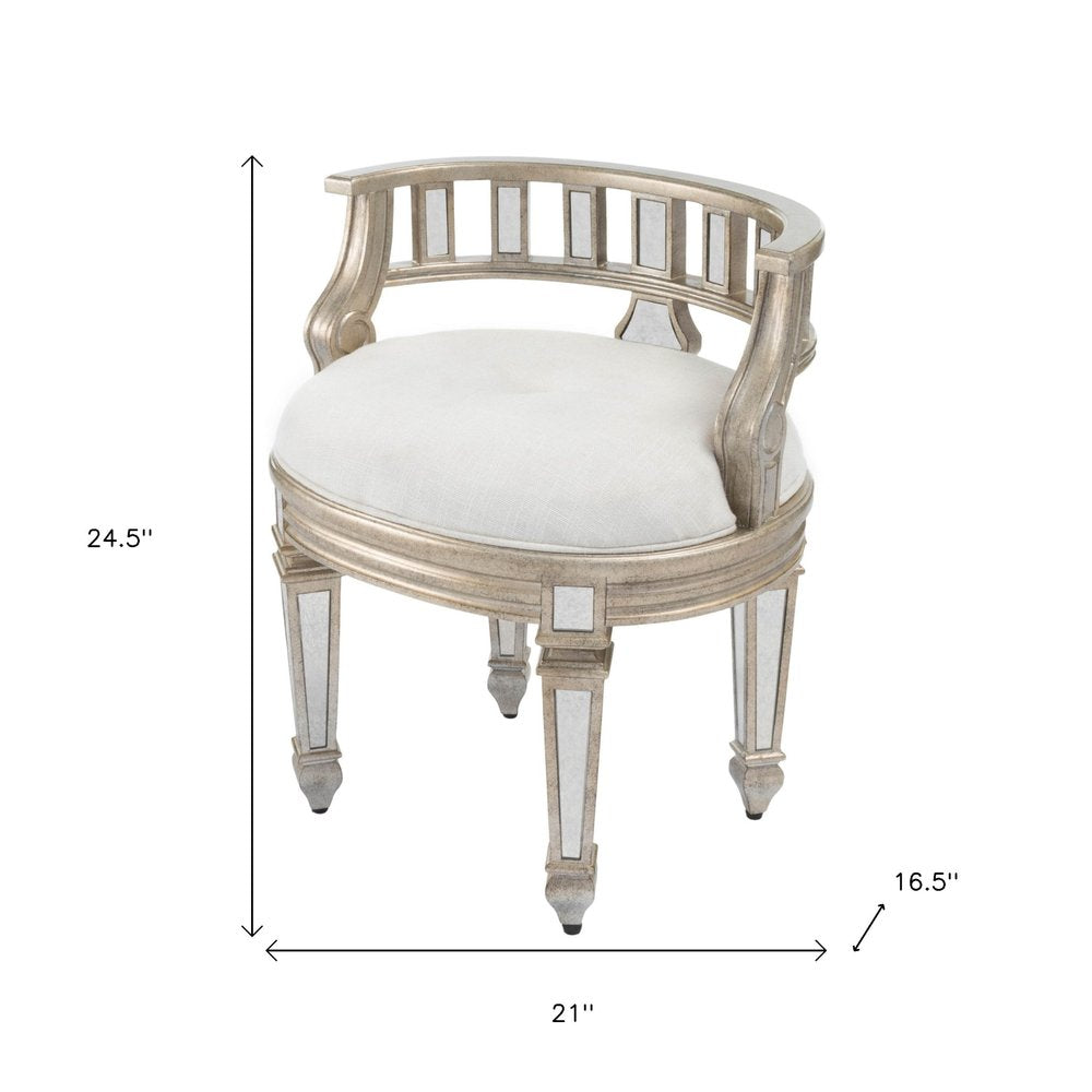 21" Cream Linen And Silver Metallic Round Ottoman HomeRoots