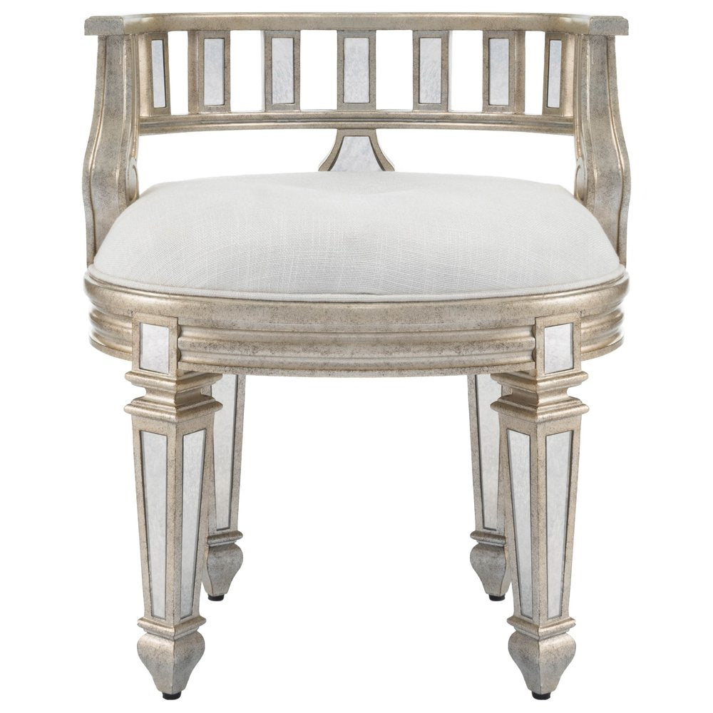 21" Cream Linen And Silver Metallic Round Ottoman HomeRoots