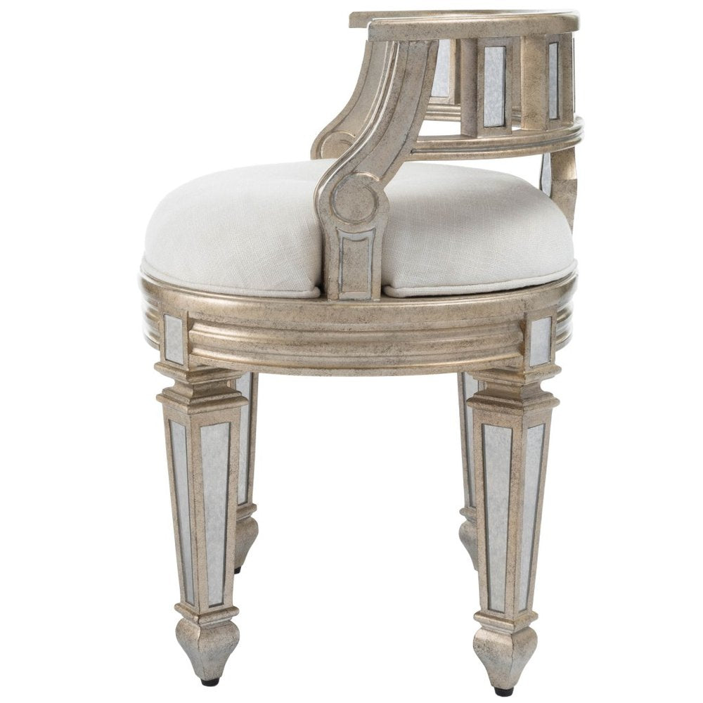 21" Cream Linen And Silver Metallic Round Ottoman HomeRoots