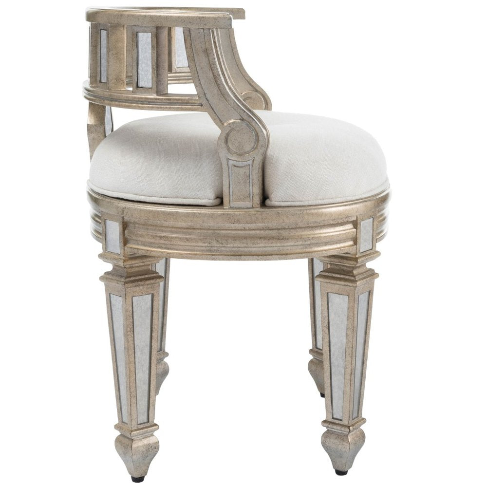 21" Cream Linen And Silver Metallic Round Ottoman HomeRoots