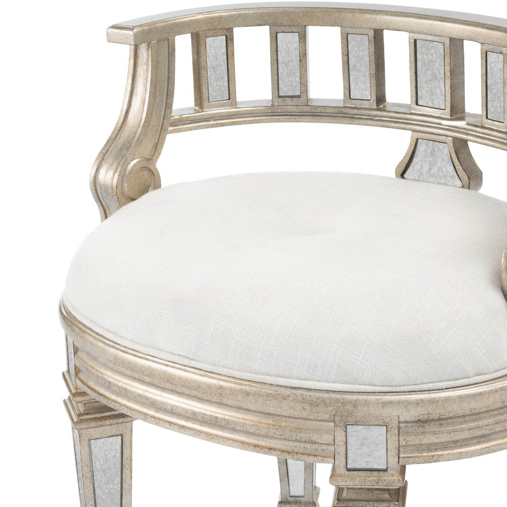 21" Cream Linen And Silver Metallic Round Ottoman HomeRoots