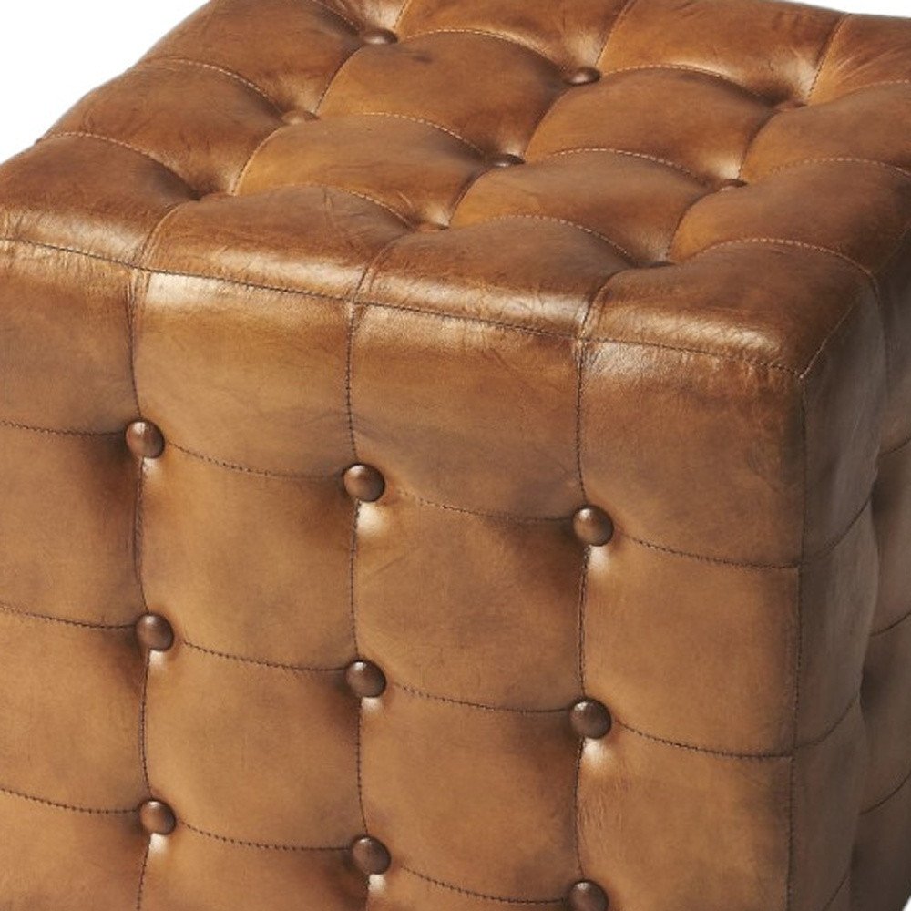 18" Brown Tufted Leather Vintage Style Cube Ottoman HomeRoots