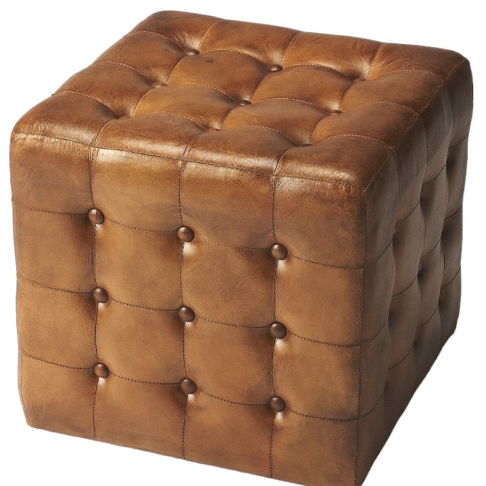 18" Brown Tufted Leather Vintage Style Cube Ottoman HomeRoots