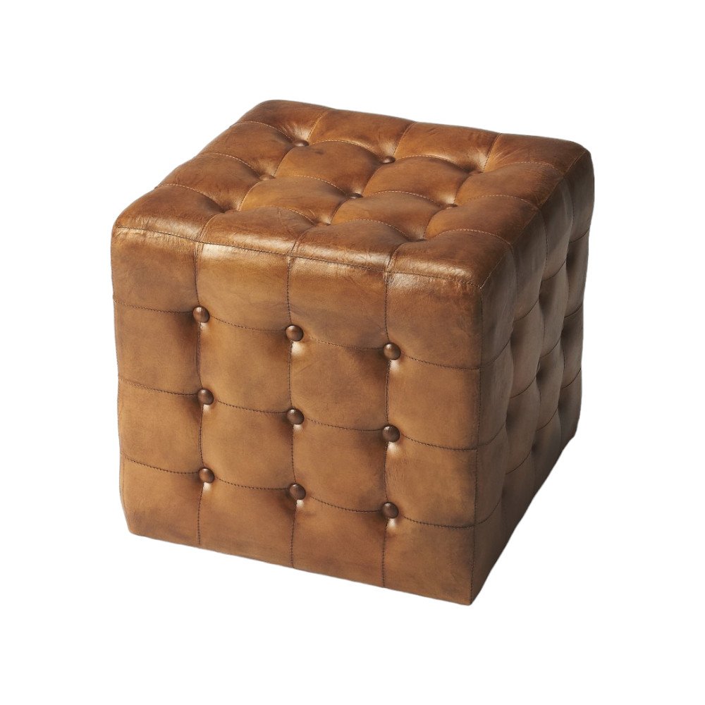 18" Brown Tufted Leather Vintage Style Cube Ottoman HomeRoots