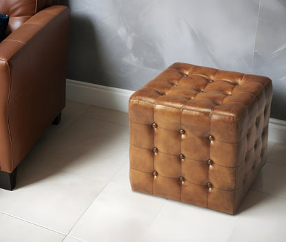 18" Brown Tufted Leather Vintage Style Cube Ottoman HomeRoots