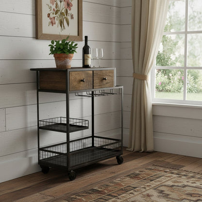 Rolling Rustic Black And Natural Bar Cart HomeRoots