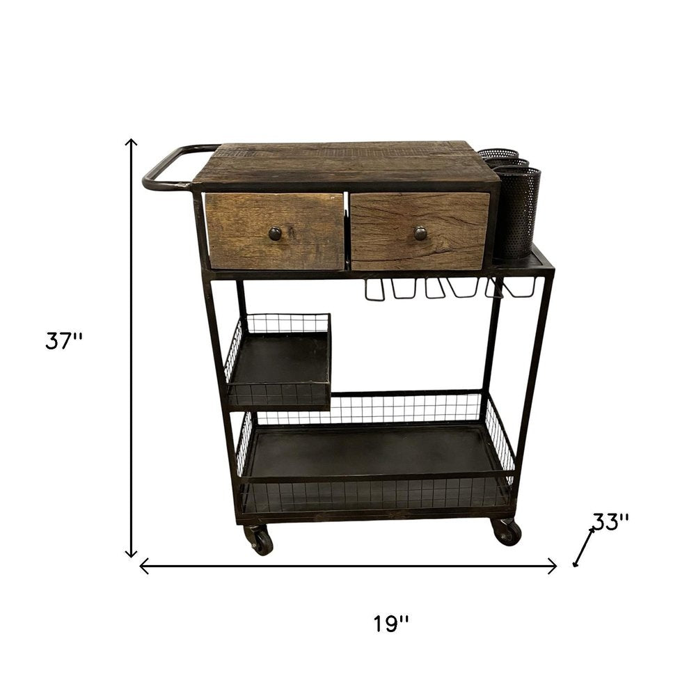 Rolling Rustic Black And Natural Bar Cart HomeRoots