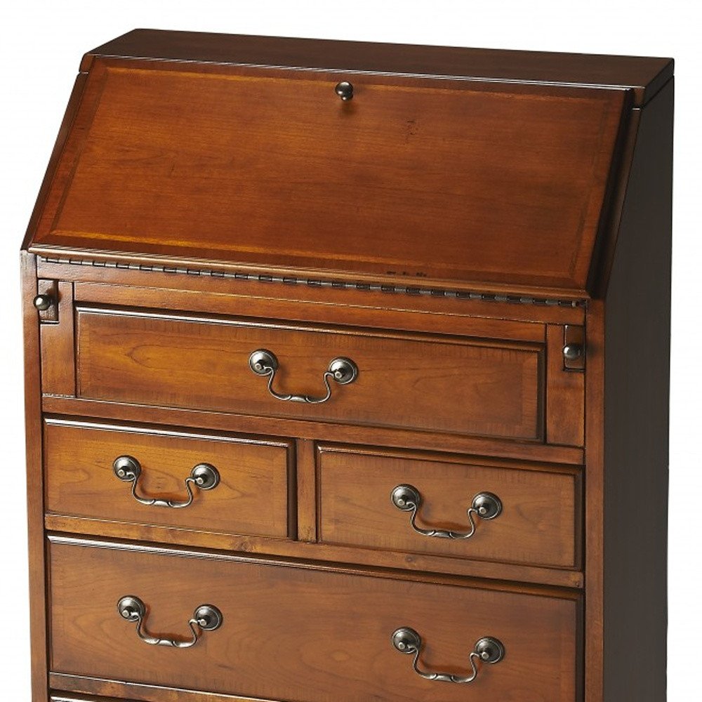 26" Brown Solid Wood Secretary Desk With Five Drawers HomeRoots