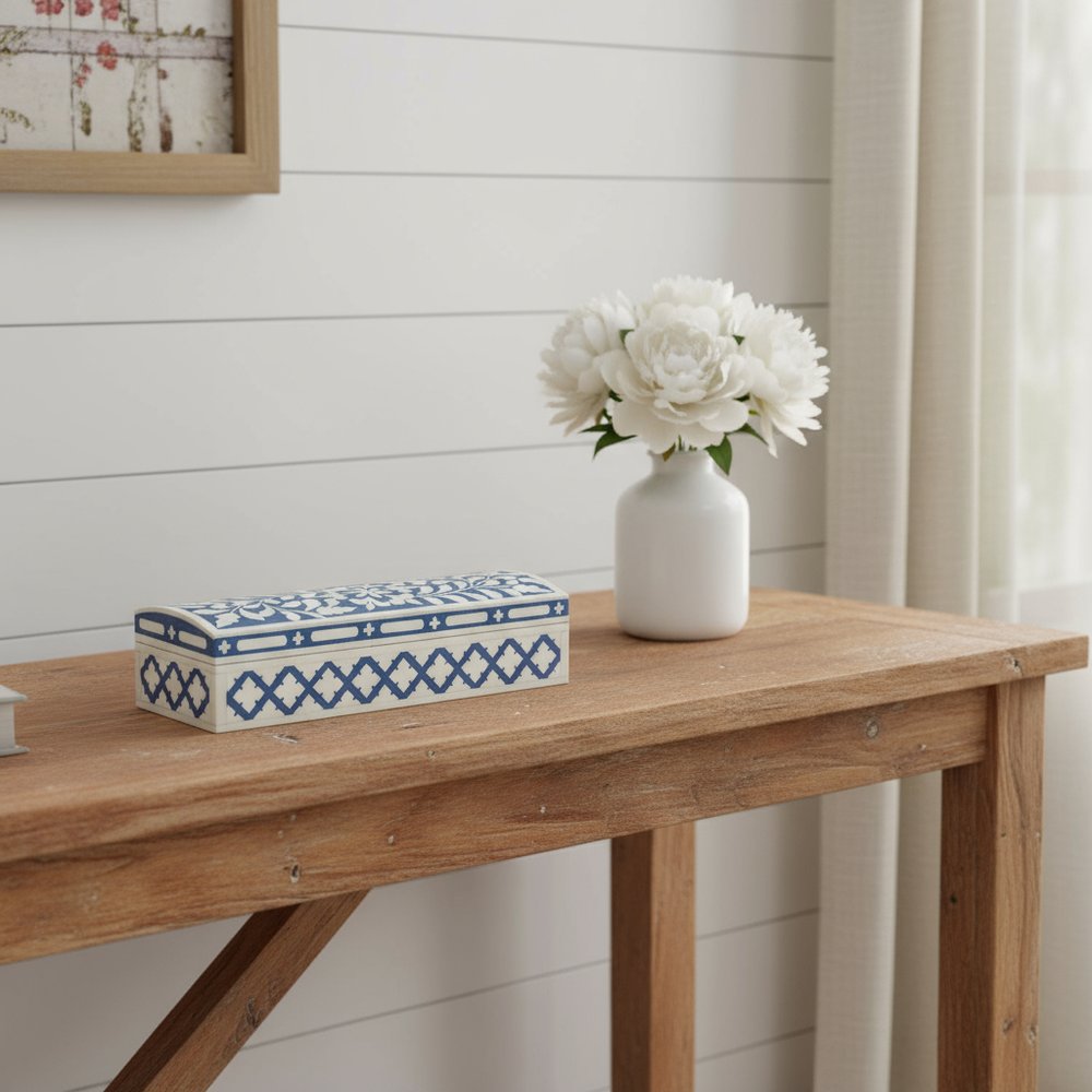 12" Blue And White Bone Inlay Box With Lid HomeRoots