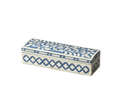 12" Blue And White Bone Inlay Box With Lid HomeRoots