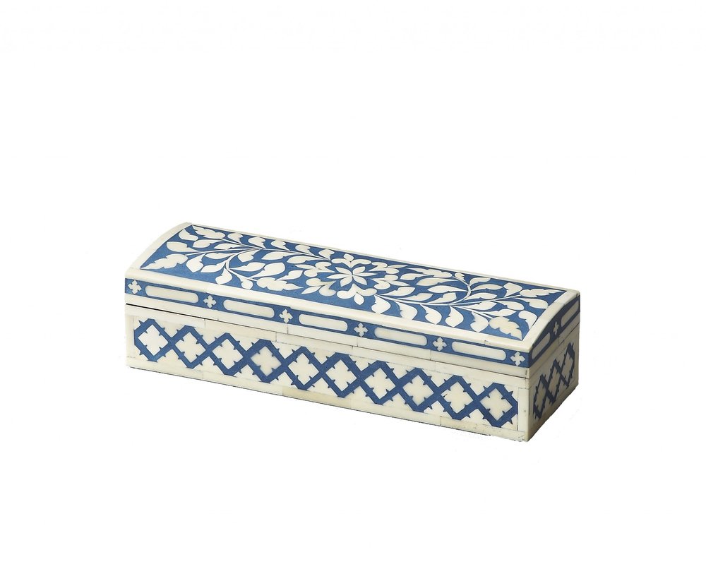 12" Blue And White Bone Inlay Box With Lid HomeRoots