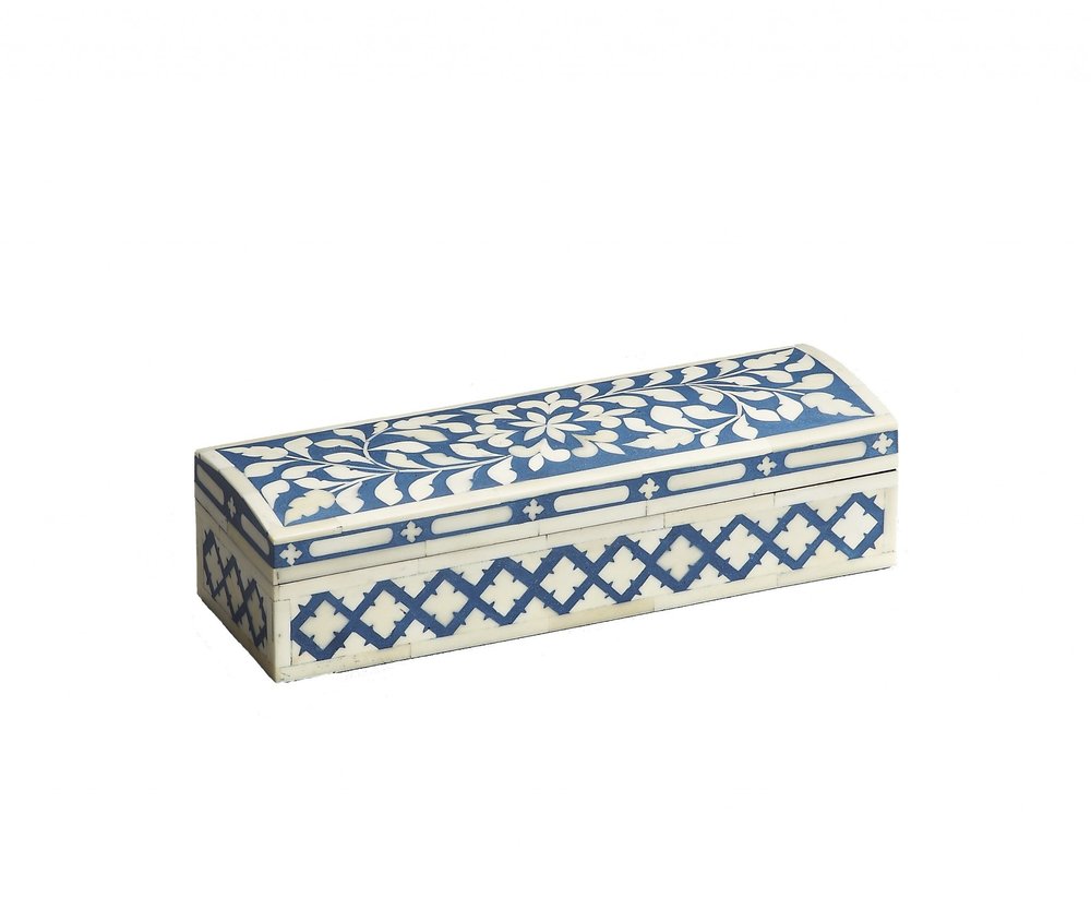 12" Blue And White Bone Inlay Box With Lid HomeRoots