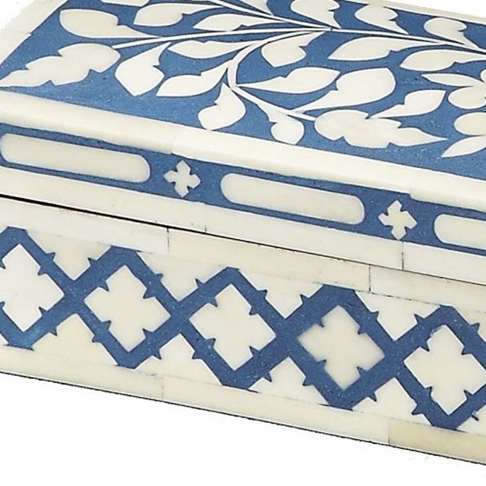 12" Blue And White Bone Inlay Box With Lid HomeRoots