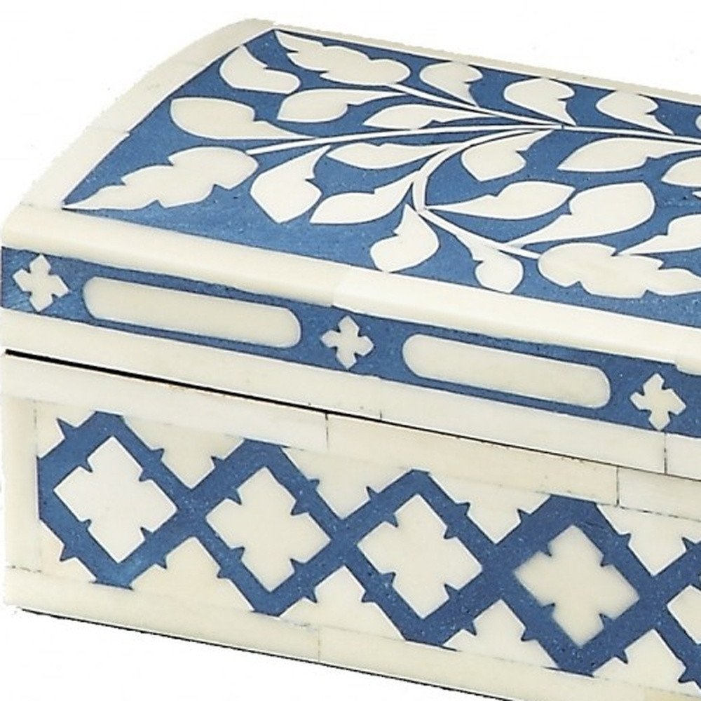 12" Blue And White Bone Inlay Box With Lid HomeRoots