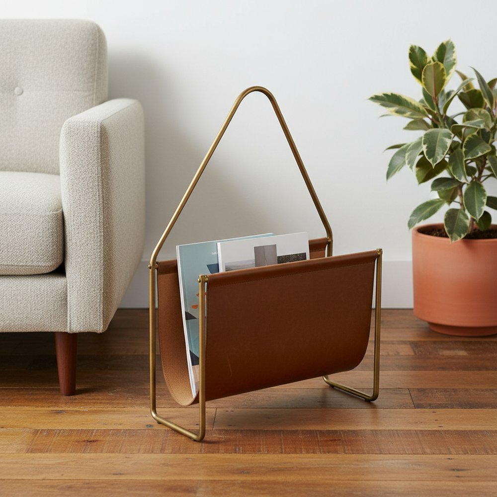 14" Brown And Gold Leather And Metal Magazine Holder HomeRoots