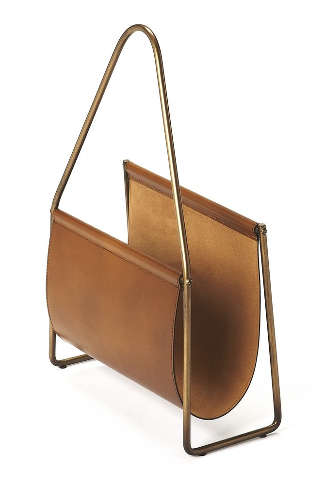 14" Brown And Gold Leather And Metal Magazine Holder HomeRoots