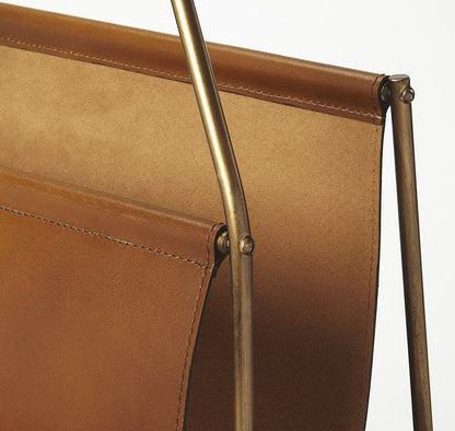 14" Brown And Gold Leather And Metal Magazine Holder HomeRoots