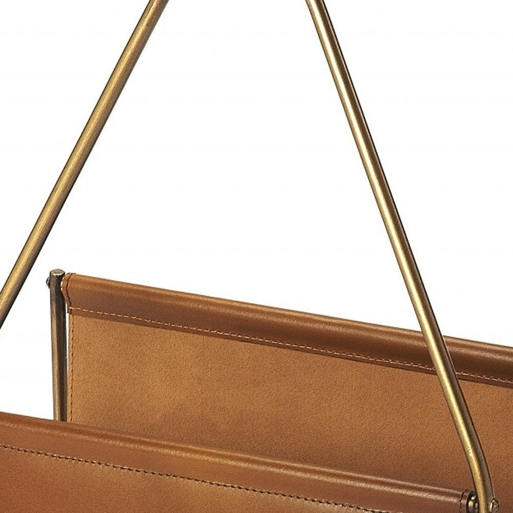14" Brown And Gold Leather And Metal Magazine Holder HomeRoots