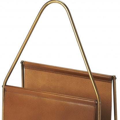 14" Brown And Gold Leather And Metal Magazine Holder HomeRoots