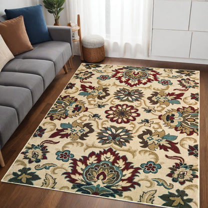 5' X 7' Ivory And Red Floral Vines Area Rug