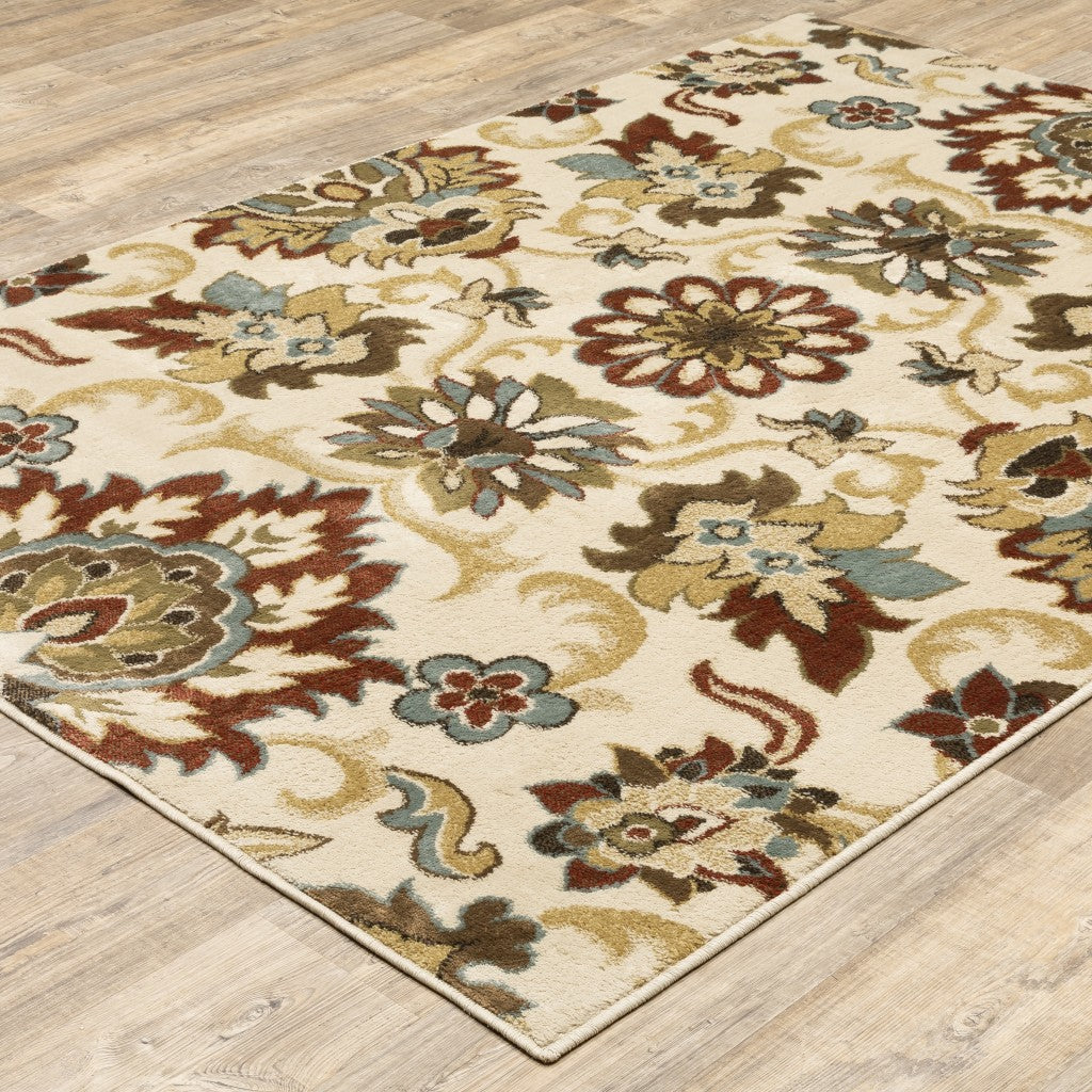 5' X 7' Ivory And Red Floral Vines Area Rug