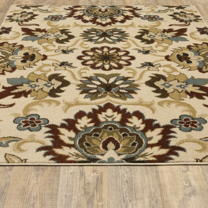 5' X 7' Ivory And Red Floral Vines Area Rug