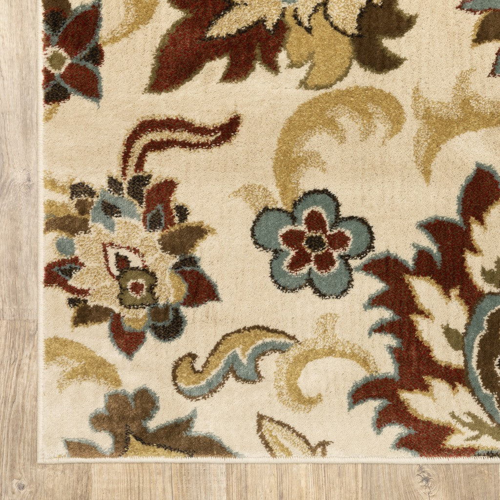 5' X 7' Ivory And Red Floral Vines Area Rug