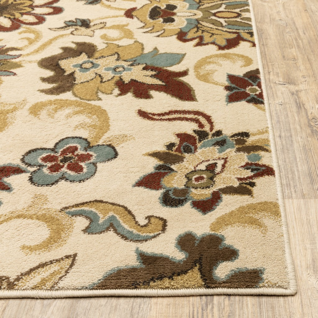 5' X 7' Ivory And Red Floral Vines Area Rug