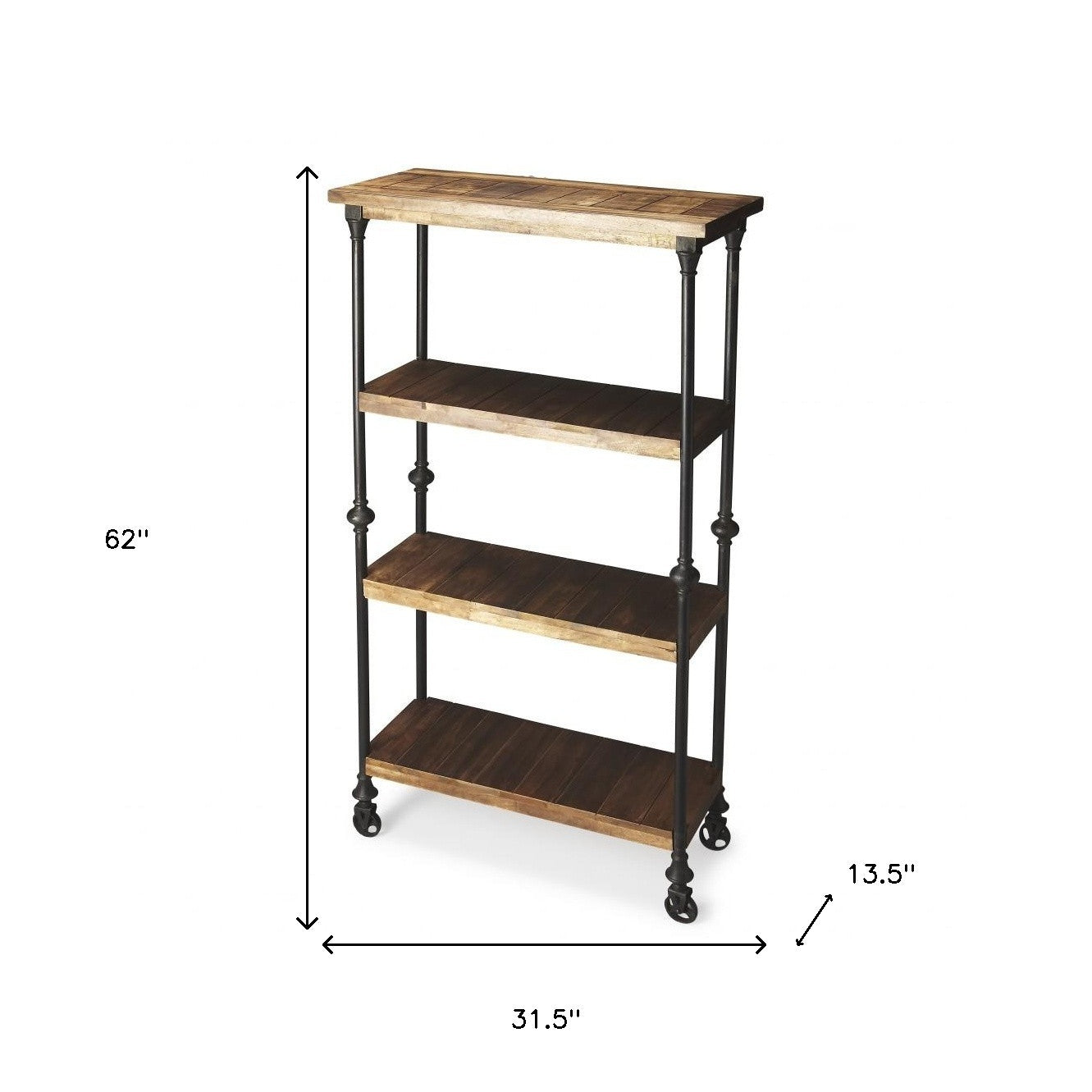 62" Wood Brown Iron Three Tier Standard Bookcase