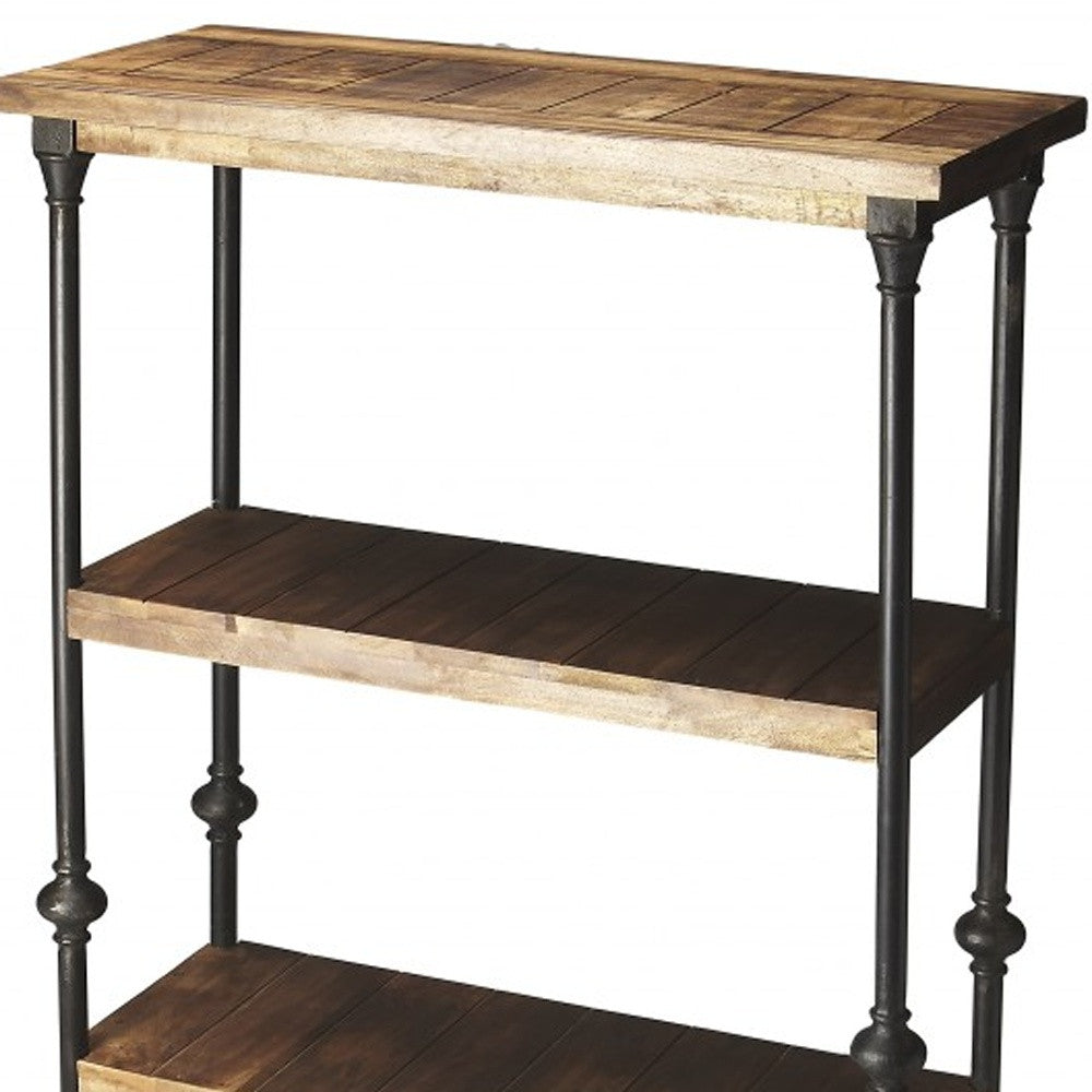 62" Wood Brown Iron Three Tier Standard Bookcase