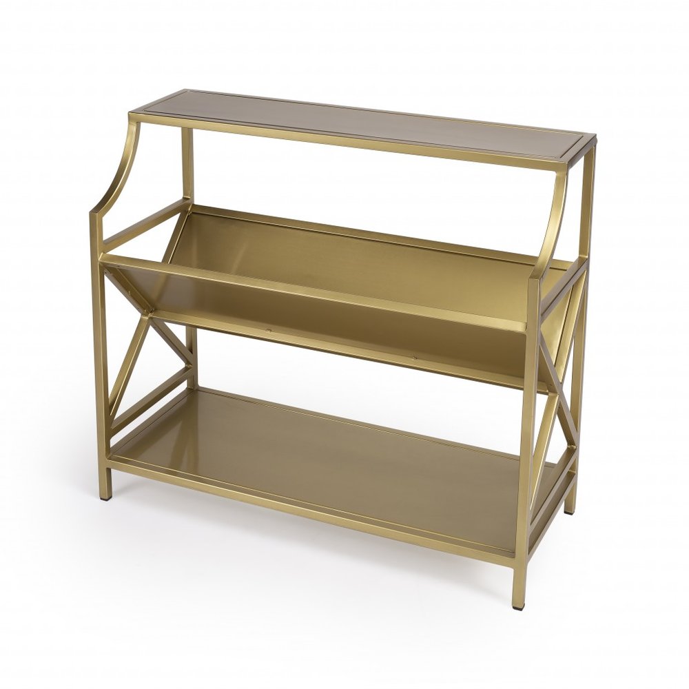 32" Gold Iron and Metal Two Tier Bookcase HomeRoots