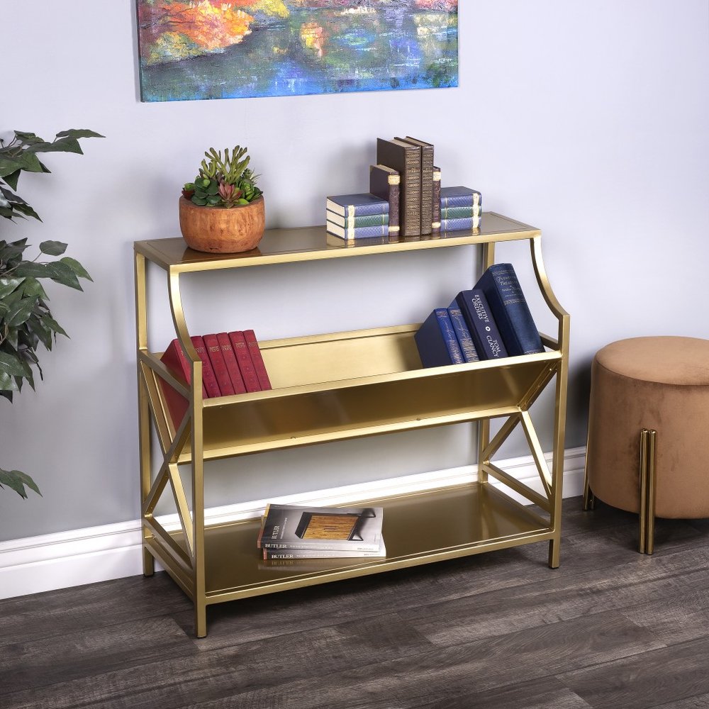 32" Gold Iron and Metal Two Tier Bookcase HomeRoots