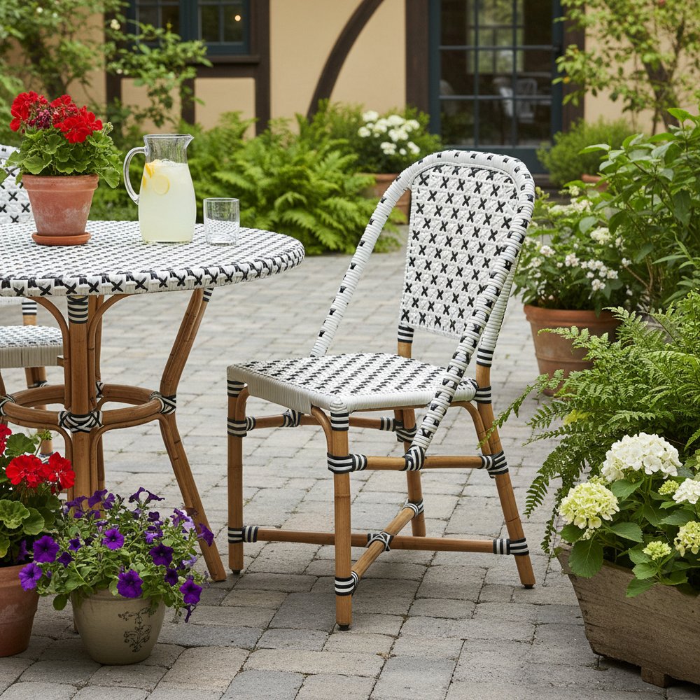21" Black And White Woven Faux Rattan Outdoor Dining Chair HomeRoots