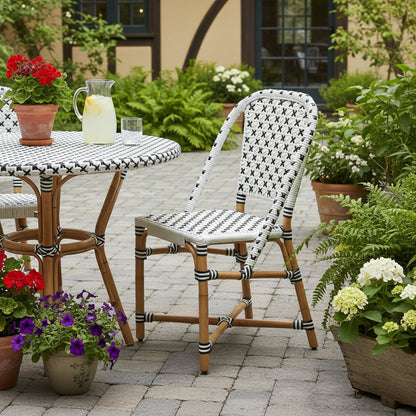 21" Black And White Woven Faux Rattan Outdoor Dining Chair HomeRoots