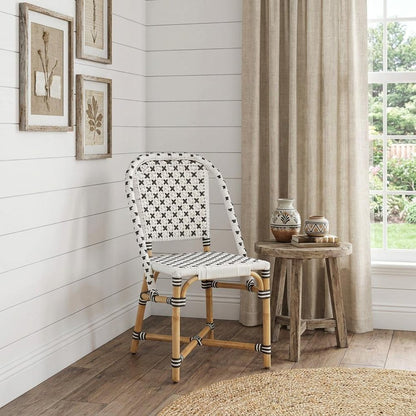 21" Black And White Woven Faux Rattan Outdoor Dining Chair HomeRoots