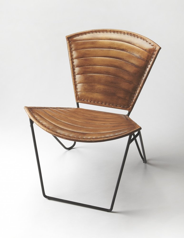 23" Brown and Black Leather and Iron Striped Side Chair