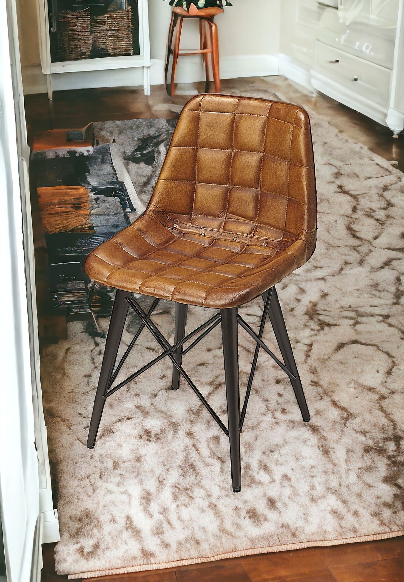 18" Brown Faux Leather Tufted Side Chair