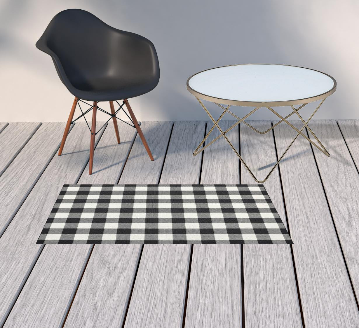 2' X 8' Black and Ivory Indoor Outdoor Area Rug