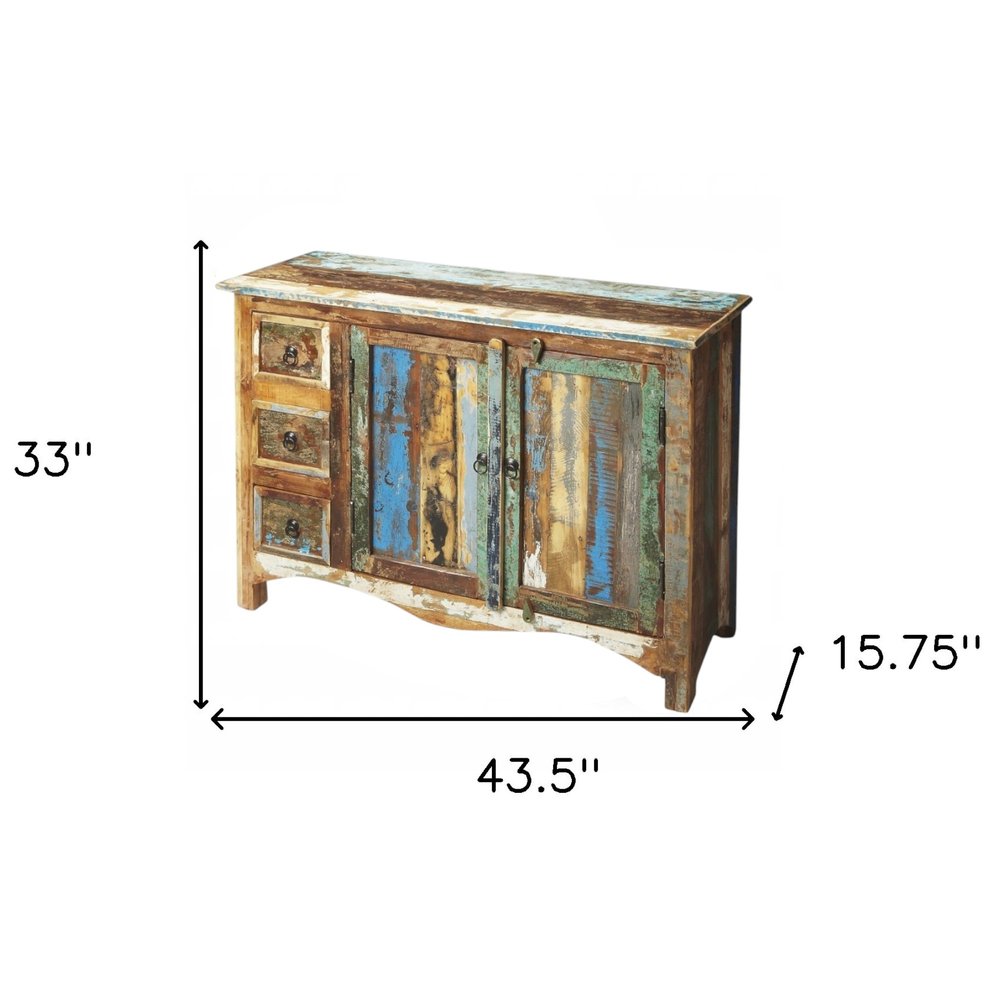 44" Brown Green and Gray Solid Wood Three Drawer Sideboard with Two Doors HomeRoots
