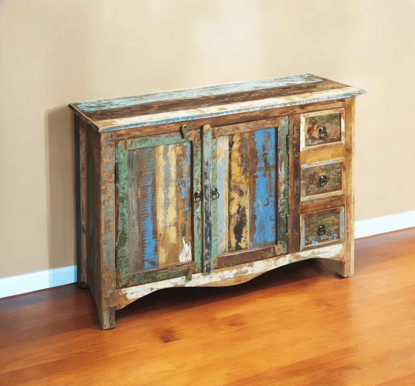 44" Brown Green and Gray Solid Wood Three Drawer Sideboard with Two Doors