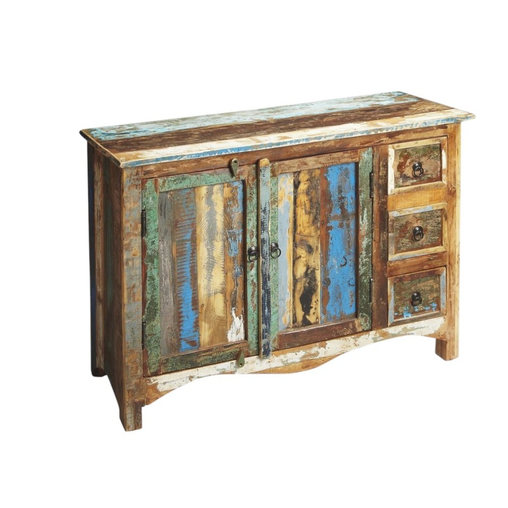 44" Brown Green and Gray Solid Wood Three Drawer Sideboard with Two Doors HomeRoots